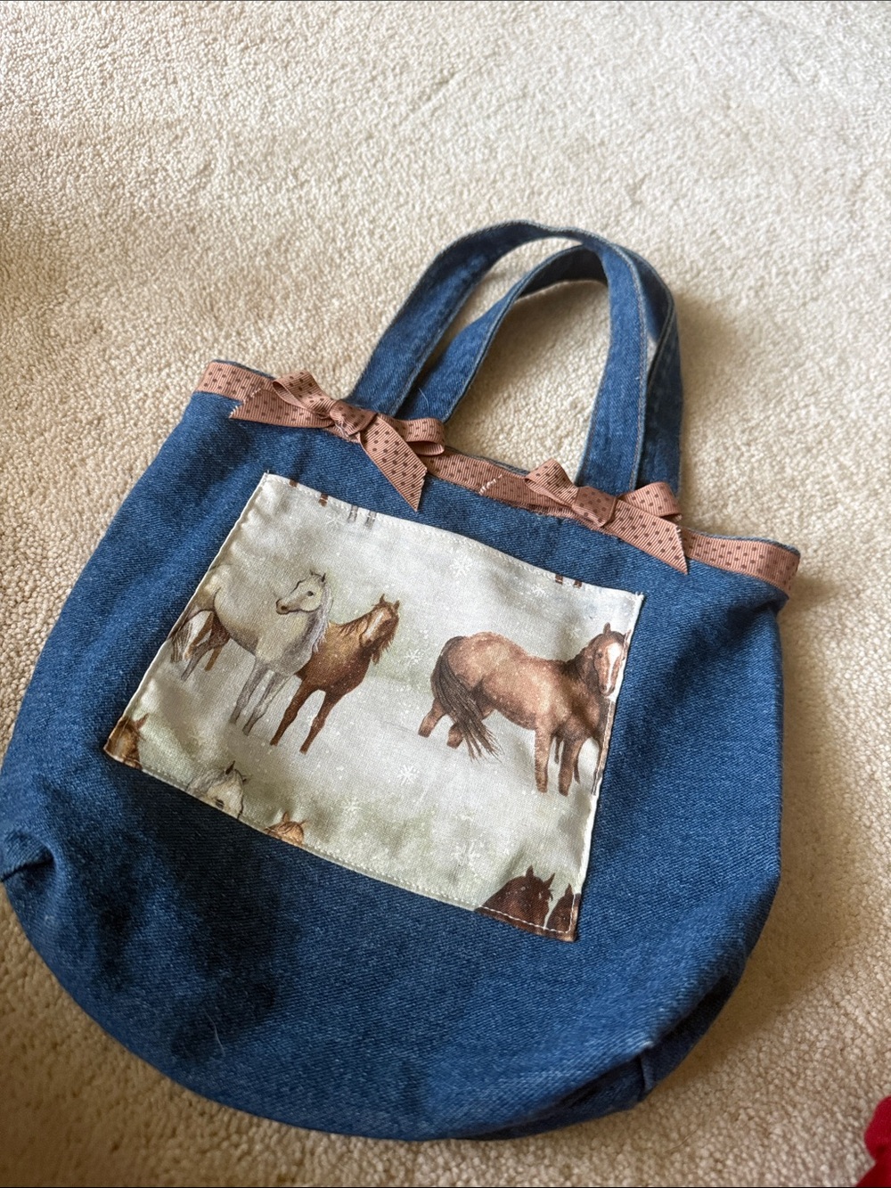 Blue Denim Tote Bag with Horse Print Pocket